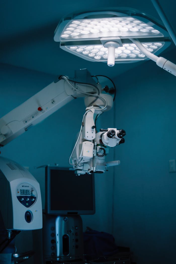 State-of-the-art surgical equipment and lighting in a modern hospital operating room.
